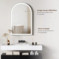 HOMCOM Miroir de salle de bain LED 90 x 60cm, mural, 3 couleurs, arqué cadre en aluminium, désembuage et interrupteur tactile(m-6)