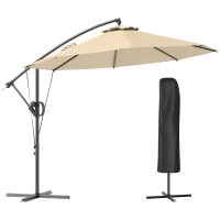 Outsunny 3(m) Garden Cantilever Parasol with Cover and Wind Protection Strap, Round Overhanging Umbrella with Crank Handle and Tilt, Banana Patio Umbrella for Outdoor Sun Shade, UPF50+, Khaki(m-1)
