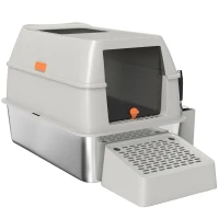 PawHut Arenero para Gatos Cubierto de Acero Inoxidable con Paso de Salida y Pala de Acero Inoxidable Gris Claro(m-11)