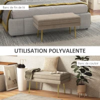 HOMCOM Banc banquette coffre de rangement 2 en 1 assise aspect velours et pieds acier - 79,5L x 37,5P x 43H cm beige et doré(m-6)