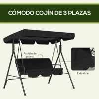 Outsunny Balancín de Jardín Exterior Columpio de 3 Plazas con Toldo Ajustable y Marco de Acero para Terraza 172x110x153 cm Negro(m-7)
