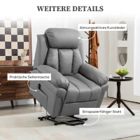 HOMCOM Relaxsessel mit Aufstehhilfe, Liegefunktion, Kunstleder, bis 130 kg, 96x93x105cm, Grau(m-6)