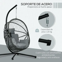 Outsunny Silla Colgante Huevo con Soporte con Cesta Plegable Cojín y Reposacabezas para Interior y Exterior Carga 120 kg Gris(m-4)