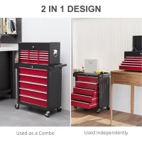 HOMCOM 14 Drawer, Two-Part Tool Storage Chest on Wheels - Red(m-5)