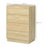 HOMCOM Commode design bohème en rotin avec 4 tiroirs, meuble de rangement pour le salon, le couloir, l'entrée, bois naturel(m-3)