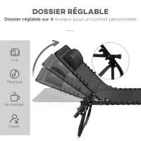 Outsunny Lot de 2 bain de soleil transat pliable dossier inclinable multi-positions acier lacets élastiques textilène noir(m-4)