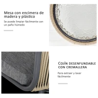 Outsunny Juego de 2 Sillas y Mesa de Ratán con Cojines Acolchados y Encimera de Vidrio para Balcón Terraza Café y Gris(m-6)