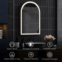 HOMCOM Miroir de salle de bain LED 90 x 60cm, mural, 3 couleurs, arqué cadre en aluminium, désembuage et interrupteur tactile(m-7)