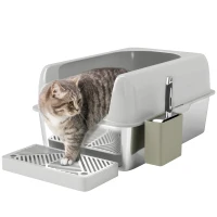PawHut Bac à litière pour chat en acier inoxydable facile à nettoyer avec bords hauts anti-fuite d'urine, pelle inclus, gris(m-10)