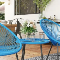 Outsunny Salon de jardin extérieur en résine tressée 2 personnes, plateau en verre trempé, pour balcon terrasse patio, bleu(m-8)