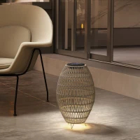 Outsunny Rattan Solar Lamp, Garden Solar Lantern with Auto On/Off Light, IP44 Waterproof, Decorative Outdoor Rattan Lamp for Porch, Pathway, Grey(m-9)