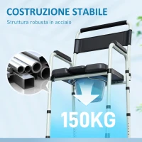 HOMCOM Sedia WC Pieghevole e Regolabile con Braccioli e Schienale, in Acciaio e Pelle PU, 52.5x46x81.5-97 cm, Nero(m-5)