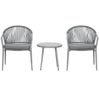 Outsunny Juego de 2 Sillas y Mesa de Ratán con Cojines Acolchados y Encimera de Vidrio para Balcón Terraza Gris(m-10)