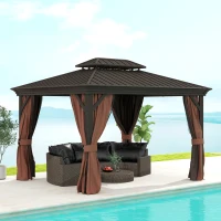 Outsunny 3 x 3.7m Outdoor Hardtop Gazebo Canopy Aluminium Frame with 2-Tier Roof & Mesh Netting Sidewalls for Patio, Dark Brown(m-9)