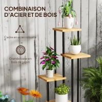 Outsunny Support à plantes à 5 niveaux pour intérieur et extérieur, étagère plante avec 4 roues  en acier et bois bois naturel(m-6)