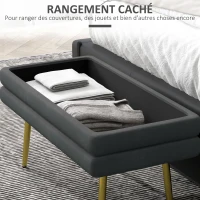 HOMCOM Banc banquette coffre de rangement 2 en 1 assise aspect velours et pieds acier - 79,5L x 37,5P x 43H cm gris et doré(m-5)