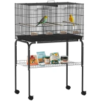 PawHut Jaula para Pájaros con Divisor Comederos Bandeja Extraíble y Soporte para Canarios y Periquitos 76x46x46/116 cm Negro(m-10)