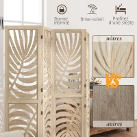 HOMCOM Paravent interieur en bois 4 panneaux 160 x 170 cm, pliable et portable, motif de feuille, design amovible, bois naturel(m-6)