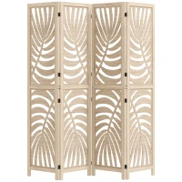 HOMCOM Paravent interieur en bois 4 panneaux 160 x 170 cm, pliable et portable, motif de feuille, design amovible, bois naturel(m-1)