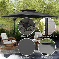Outsunny Cantilever Parasol with Weighted Base Double Top Garden Parasol Square Hanging Patio Umbrella with Crank Tilt Dark Grey(m-6)