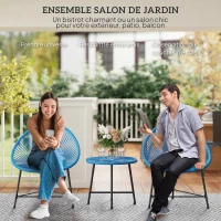 Outsunny Salon de jardin extérieur en résine tressée 2 personnes, plateau en verre trempé, pour balcon terrasse patio, bleu(m-4)