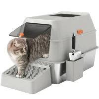PawHut Arenero para Gatos Cubierto de Acero Inoxidable con Paso de Salida y Pala de Acero Inoxidable Gris Claro(m-10)