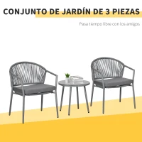 Outsunny Juego de 2 Sillas y Mesa de Ratán con Cojines Acolchados y Encimera de Vidrio para Balcón Terraza Gris(m-4)
