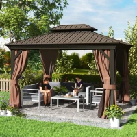 Outsunny 3 x 3.7m Outdoor Hardtop Gazebo Canopy Aluminium Frame with 2-Tier Roof & Mesh Netting Sidewalls for Patio, Dark Brown(m-2)