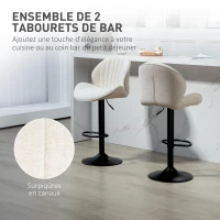 HOMCOM Lot de 2 tabourets de bar forme de coquillage, dossier, hauteur réglable et repose-pieds, cadre en acier, beige(m-4)