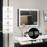 HOMCOM Armoire de toilette avec miroir, éclairage LED, 60 x 80 cm fonction anti-buée, variateur de lumière, 3 couleurs, noir(m-8)