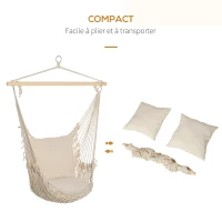 Outsunny Fauteuil suspendu extérieur et intérieur chaise hamac balançoire avec coussins, tissage en coton, charge 120 Kg, blanc(m-7)