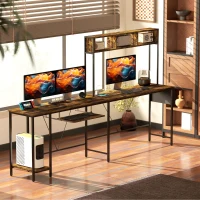 HOMCOM 160cm Reversible L Shaped Desk with Power Outlet, Industrial Corner Desk with Storage Shelves and Keyboard Tray, 240cm Long Computer Desk for 2 Person, Rustic Brown(m-8)