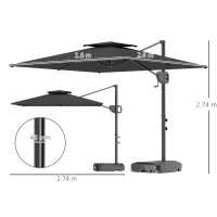 Outsunny Cantilever Parasol with Weighted Base Double Top Garden Parasol Square Hanging Patio Umbrella with Crank Tilt Dark Grey(m-3)
