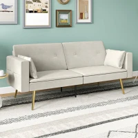 HOMCOM 2-osobowa sofa do spania, regulowane oparcie, miękkie poduszki, pokrycie w wyglądzie aksamitu, do salonu, pokoju gościnnego, Beżowy(m-10)