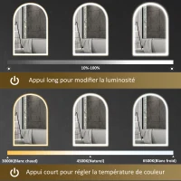 HOMCOM Miroir de salle de bain LED 90 x 60cm, mural, 3 couleurs, arqué cadre en aluminium, désembuage et interrupteur tactile(m-4)