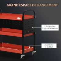 DURHAND Chariot d'atelier servante atelier à 3 niveaux avec étagères, planches suspendues, charge jusqu'à 100 kg, rouge(m-4)