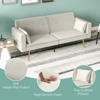 HOMCOM 2-osobowa sofa do spania, regulowane oparcie, miękkie poduszki, pokrycie w wyglądzie aksamitu, do salonu, pokoju gościnnego, Beżowy(m-6)