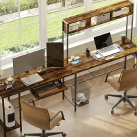 HOMCOM 160cm Reversible L Shaped Desk with Power Outlet, Industrial Corner Desk with Storage Shelves and Keyboard Tray, 240cm Long Computer Desk for 2 Person, Rustic Brown(m-9)