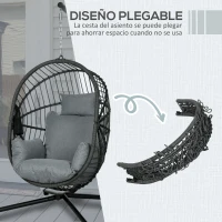 Outsunny Silla Colgante Huevo con Soporte con Cesta Plegable Cojín y Reposacabezas para Interior y Exterior Carga 120 kg Gris(m-5)