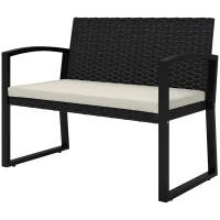 Outsunny Banco de Jardim em Vime Sintético de 2 Lugares Banco de Exterior com Almofada 103x58x78 cm Preto e Bege(m-10)
