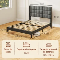 HOMCOM Cama 135x190 cm Estrutura de Cama com Cabeceira Estofada em Linho e Espaço de Armazenamento Debaixo da Cama Cinza(m-3)