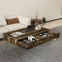 HOMCOM Table Basse en Bois Table de Salon Grand Plateau et 2 Tiroirs Design de Luxe Élégant Décoration avec Lignes Dorées Peintes à La Main 110L x 59l x 42H cm Brun(m-7)