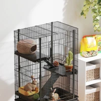 PawHut Gaiola para Animais Pequenos de 4 Níveis Gaiola para Roedores com Rodas Rampas Tigela Garrafa de Água e Bandeja Removível Recinto para Coelhos Chinchilas Furões 69x44x120 cm Preto(m-8)