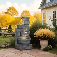 Outsunny Fonte de Jardim com Iluminação LED Fonte Decorativa em Cascata de 4 Níveis 38x35x78,5 cm Cinzenta(m-9)