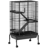PawHut Gaiola para Animais Pequenos de 4 Níveis Gaiola para Roedores com Rodas Rampas Tigela Garrafa de Água e Bandeja Removível Recinto para Coelhos Chinchilas Furões 69x44x120 cm Preto(m-11)