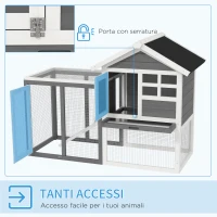 PawHut Gabbia per Conigli, Porcellini d'India e Roditori, Conigliera da Esterno in Legno di Abete con Casetta, Vassoio e Rampa, 122x62.6x92 cm, Grigio e Bianco(m-5)