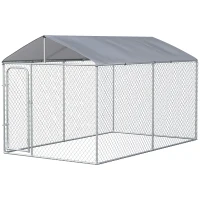 PawHut Canil de Exterior com Toldo Anti-UV Porta com Trava e Estrutura de Metal Galvanizado 4x2,3x2,32 cm Prata(m-10)