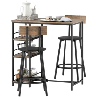 HOMCOM 3-delige Eetset met Bartafel en 2 Stoelen, Klein Keukenset met Zijplanken, MDF, Metaal, Zwart(m-1)