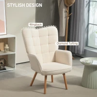 HOMCOM Modern Accent Chair, Upholstered Tufted Wingback Armchair with Seat Padding, Teddy Fleece Leisure Lounge Bedroom Chair with Wood Legs, Cream White(m-5)