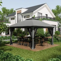 Outsunny Tenda Dobrável Pop-UP 3,92x3,92x2,83 m com Altura Ajustável Proteção UV50+ Rede Mosquiteira e Bolsa de Transporte Cinza(m-2)